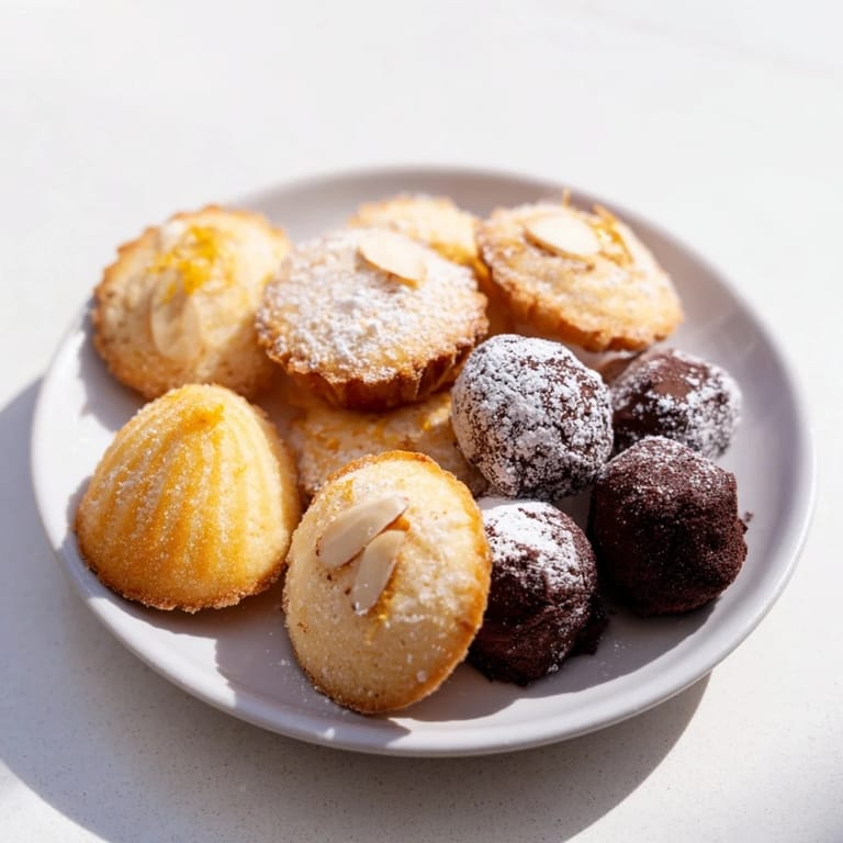 These delicate Mignardises Bonne Année 2026 features chocolate truffles, tiny madeleines, and almond financiers.