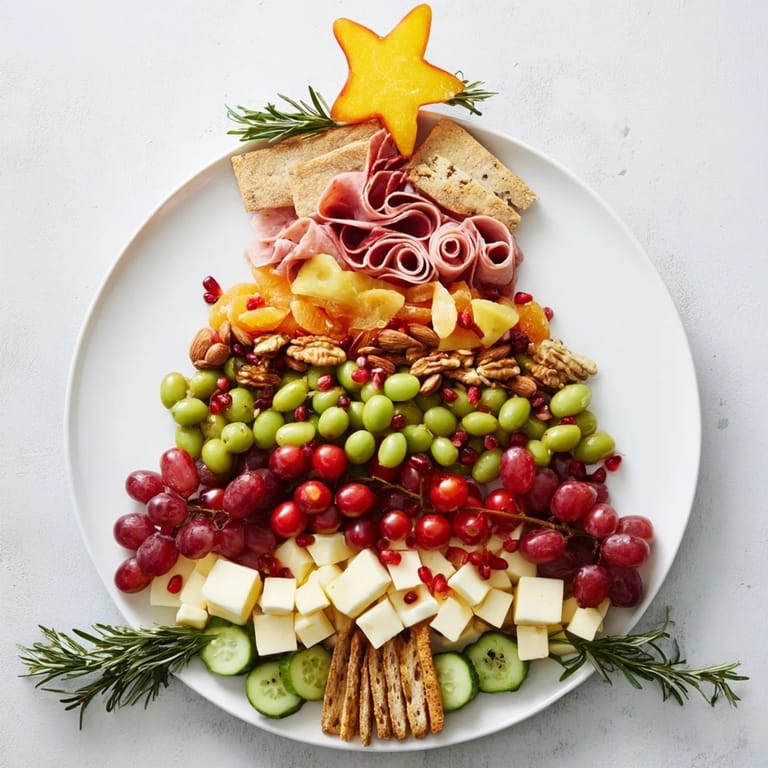This vibrant Festive Holiday Tree Appetizer Platter features a delicious assortment of cheeses, fruits, and meats.
