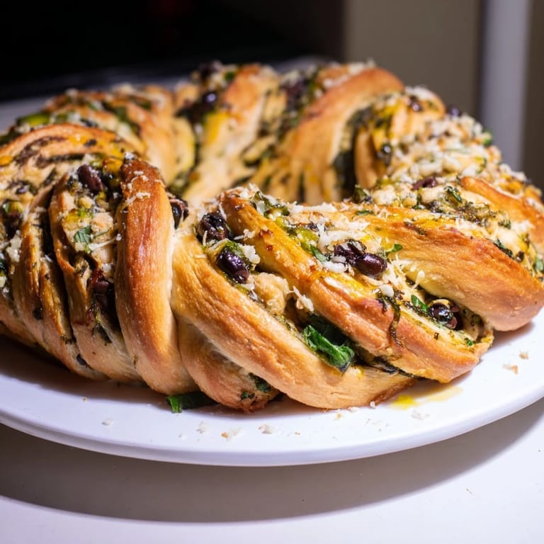 Fragrant, freshly baked Savory Herb and Cheese Olive Wreath, with a generous cheese and olive filling.