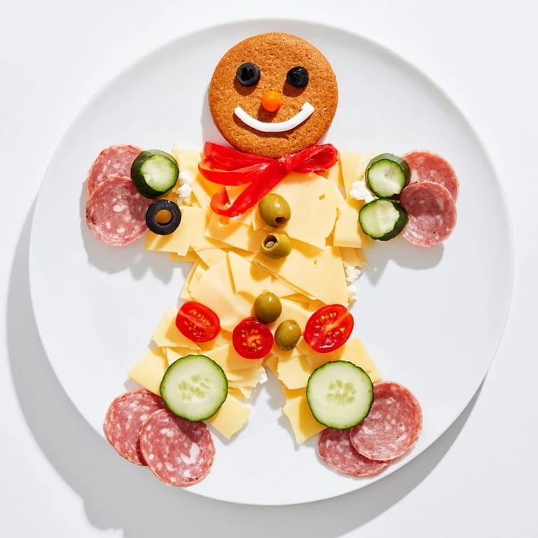 Festive Gingerbread Man Savory Charcuterie: Holiday appetizer platter overflowing cheeses, meats, and colorful vegetable garnishes beautifully arranged.