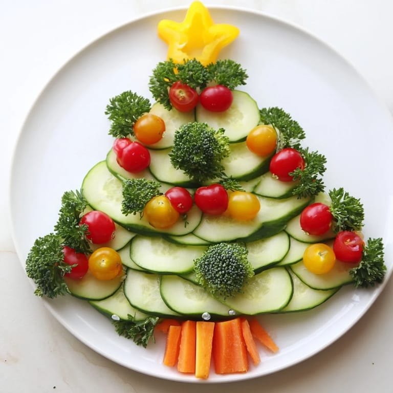 Bright and colorful Festive Tree Cucumber Tomato Platter; perfect for a healthy and festive holiday snack.