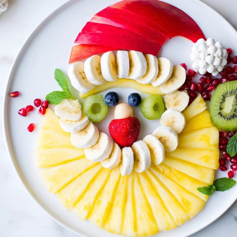 Colorful Santa fruit platter with pineapple beard and grapes, a healthy, fun holiday dessert.