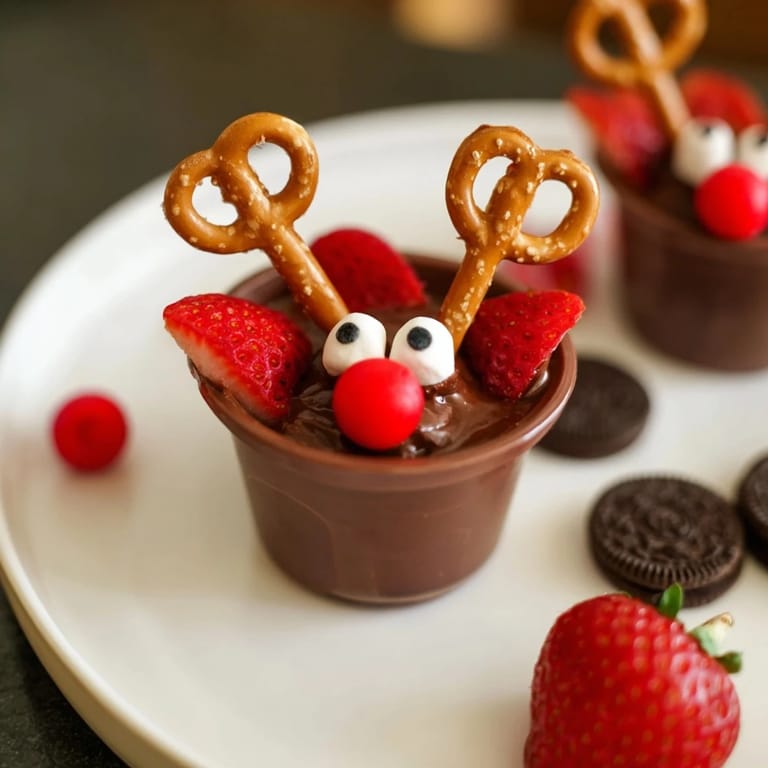 Festive reindeer pudding cups made with chocolate, pretzels, and candies, ideal for kids' parties.