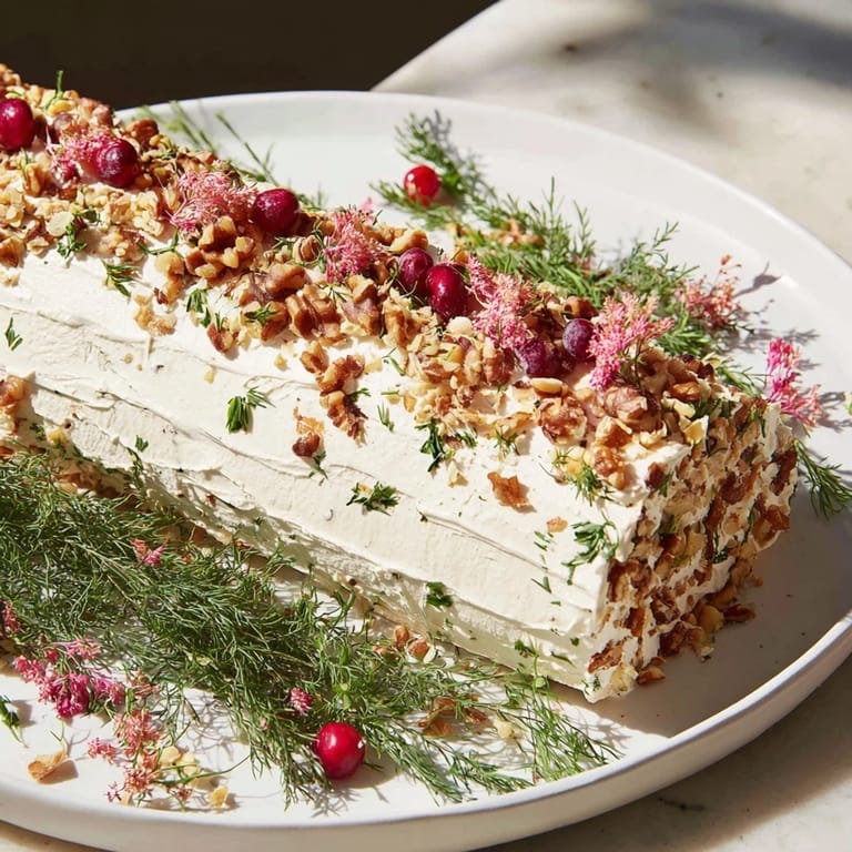 Savory Yuletide Log Cheese centerpiece coated in nuts, a visually stunning vegetarian delight ready to serve.