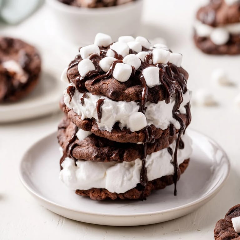 Fluffy marshmallow frosting swirled on chocolate Hot Cocoa Mug Cookie stacks, ready to be enjoyed.