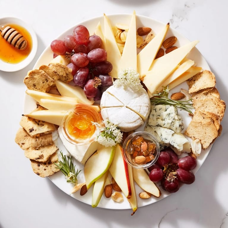 Showcasing a festive Star of Bethlehem cheese platter arranged with fresh fruit and gourmet accompaniments.
