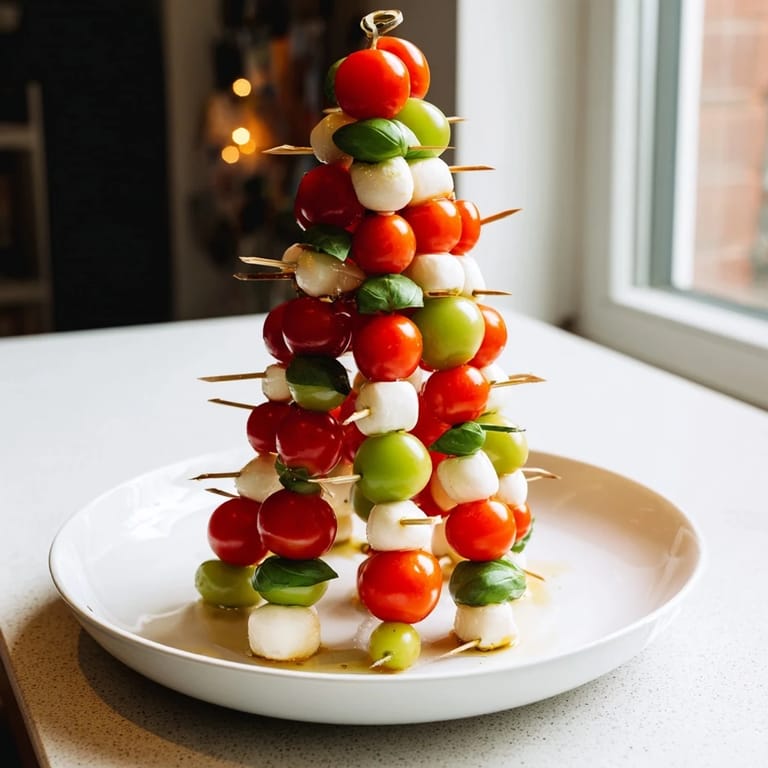 Enjoy the colorful display of this festive Red and Green Caprese Skewer Tree; a perfect Italian appetizer.