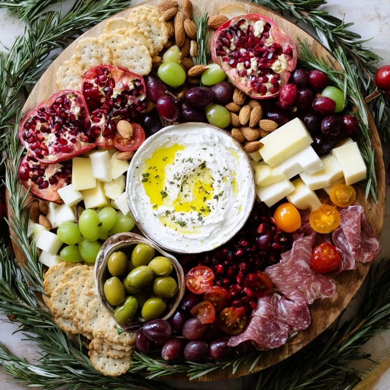 An inviting evergreen wreath board with colorful cheeses, meats, and olives, perfect for holiday entertaining.