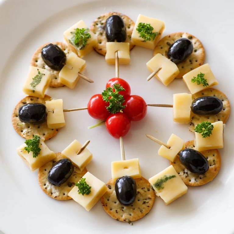 Festive New Years Clock Countdown appetizer: crackers, olives, and cheese arrange for a clever countdown.