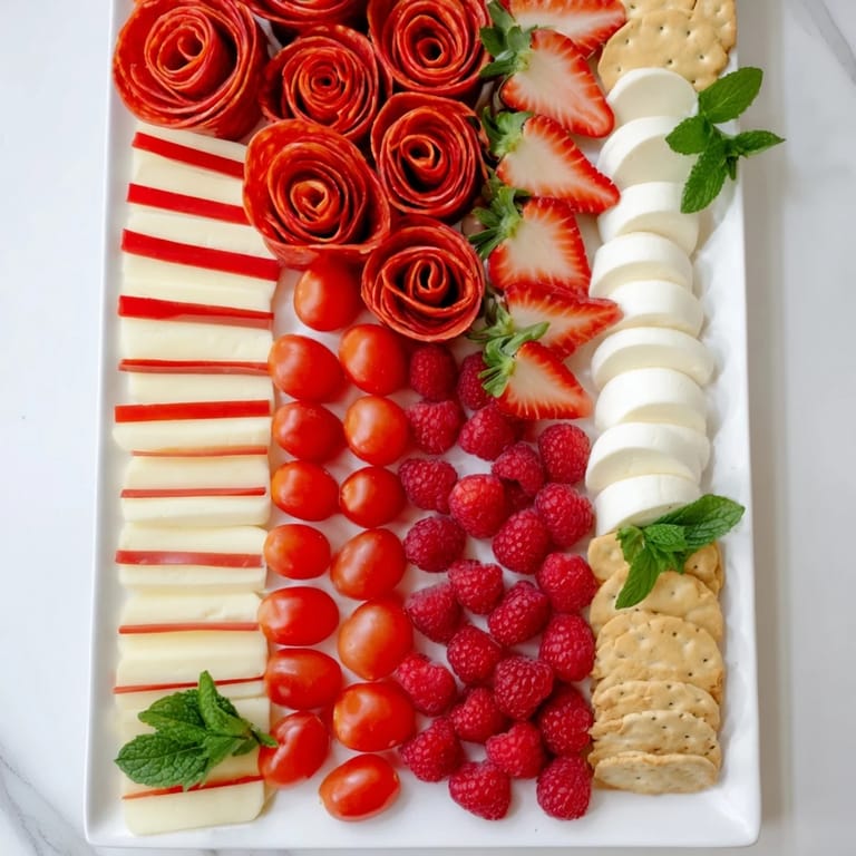 Festive Peppermint Stripe Celebration platter, showcasing alternating rows of fresh, bright red and white ingredients.
