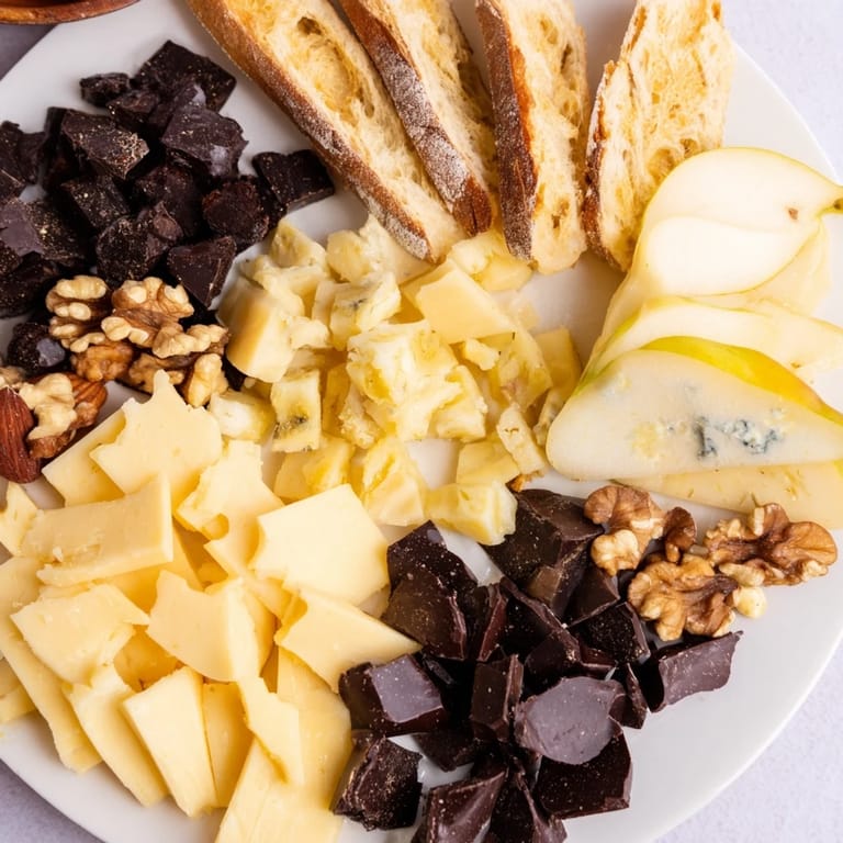 Imagine the flavors! This Fireside Comfort & Cocoa showcases varied cheeses and sweet, decadent chocolate treats.