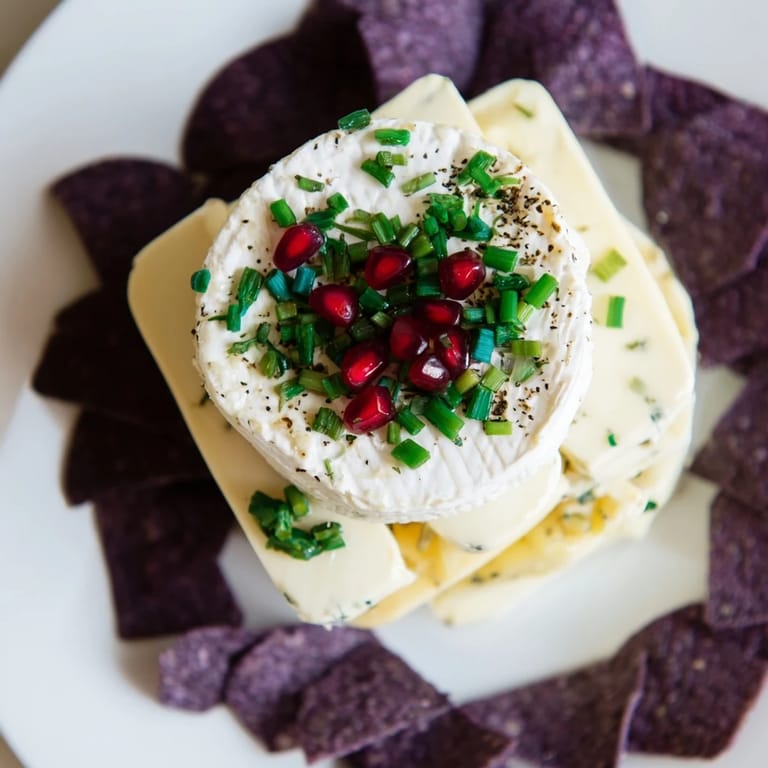Party-ready "Stepping Stones" appetizer: Brie, goat cheese, gouda stepping over blue corn chips.