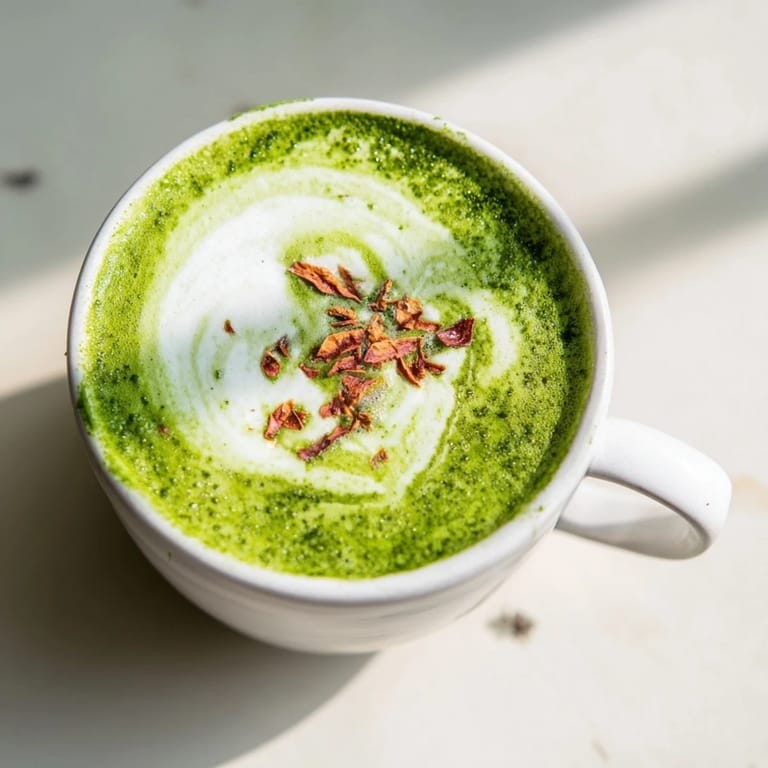 A beautiful mug of Cozy Peppermint Matcha Christmas Latte, with its vibrant green matcha base and frothy milk.
