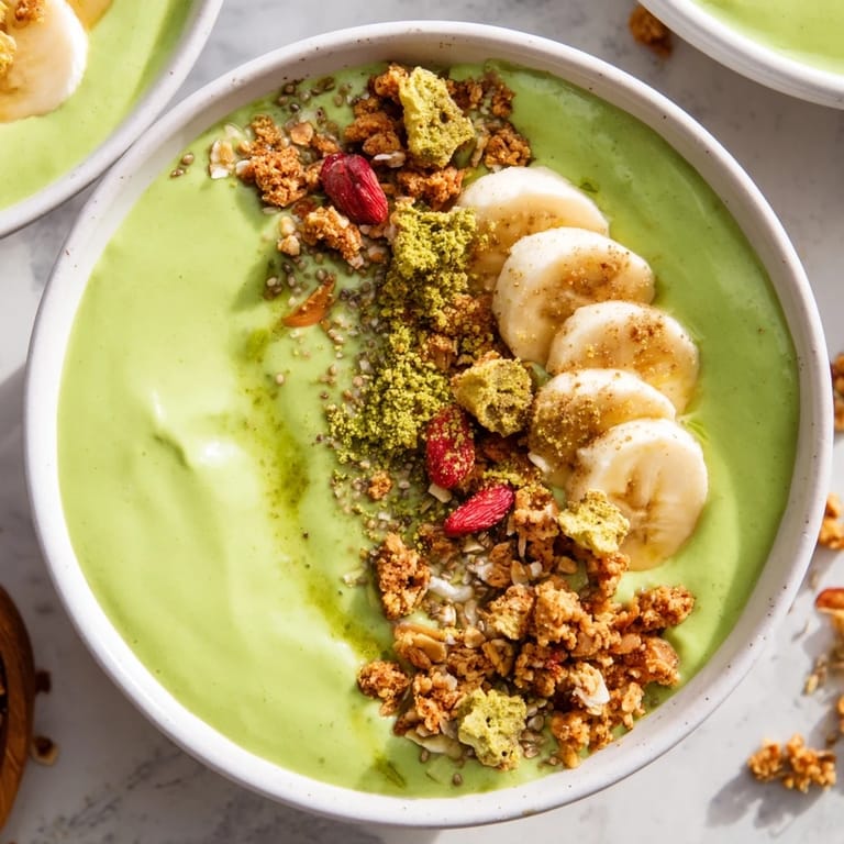 Vibrant overhead shot: finished Gingerbread Cookie Matcha Breakfast Smoothie Bowl featuring a swirl of deliciousness.