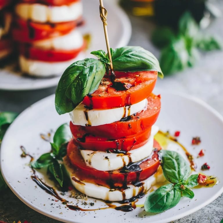 Stacked Tuscan Pillar, a visually appealing appetizer, showcasing colorful tomatoes and fresh basil.
