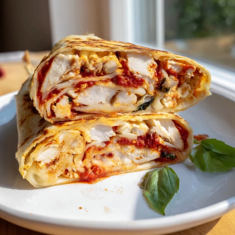 A folded tortilla pizza wrap sizzling in pan; a quick dinner with chicken, marinara, and mozzarella.