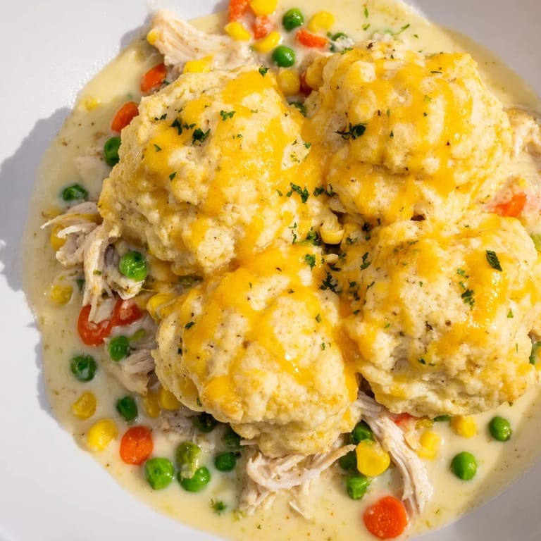Golden-brown Chicken Cobbler, baked with Red Lobster Biscuit mix, revealing a comforting, creamy interior.