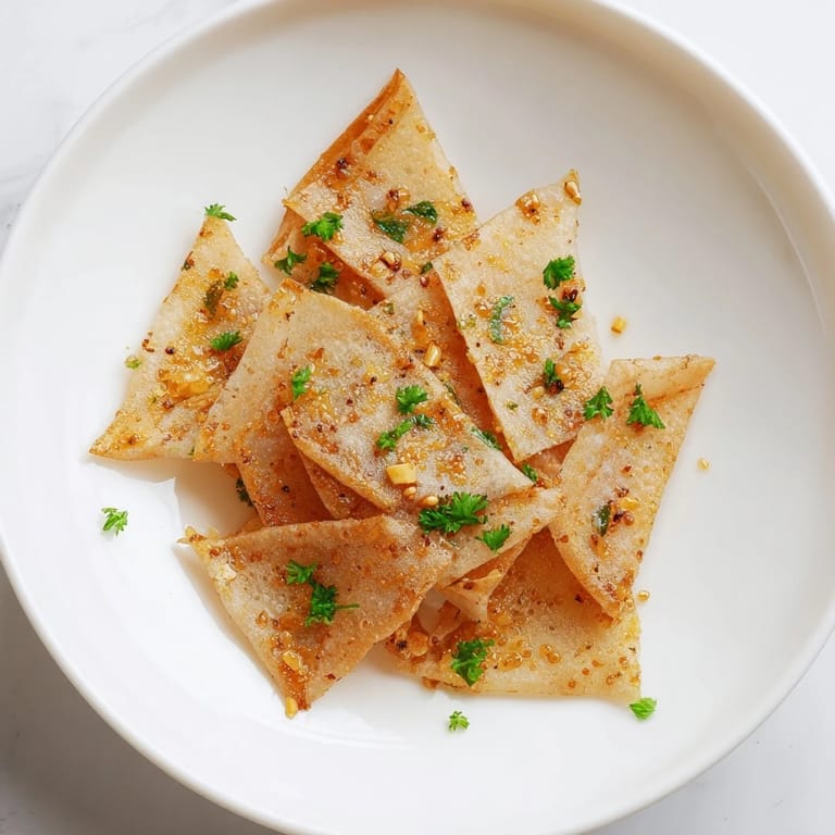 These crispy garlic lumpia chips, seasoned with garlic, offer a satisfying crunch with every bite.
