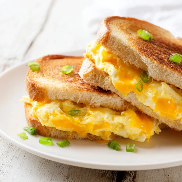 Golden, toasted bread holds a delicious one-pan egg breakfast sandwich, ready to enjoy with chives.
