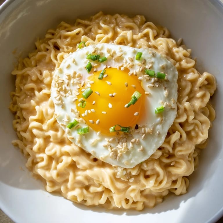 A close-up of cheesy Instant Cheese Ramen, topped with flavorful green onions and sesame seeds.