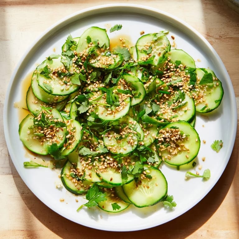 Close-up of a bowl showing the refreshing Tangy Shaken Asian-Style Cucumber Salad, ready for serving.
