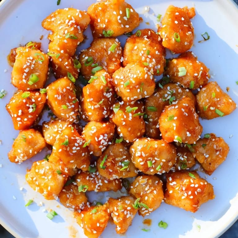 Pile of vibrant Honey-Sriracha Chicken Bites showing crispy texture with sesame seeds and chives.