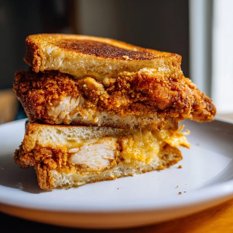 This photo features perfectly golden Crispy Parmesan Chicken Thighs Grilled Cheese, looking incredibly delicious and comforting.