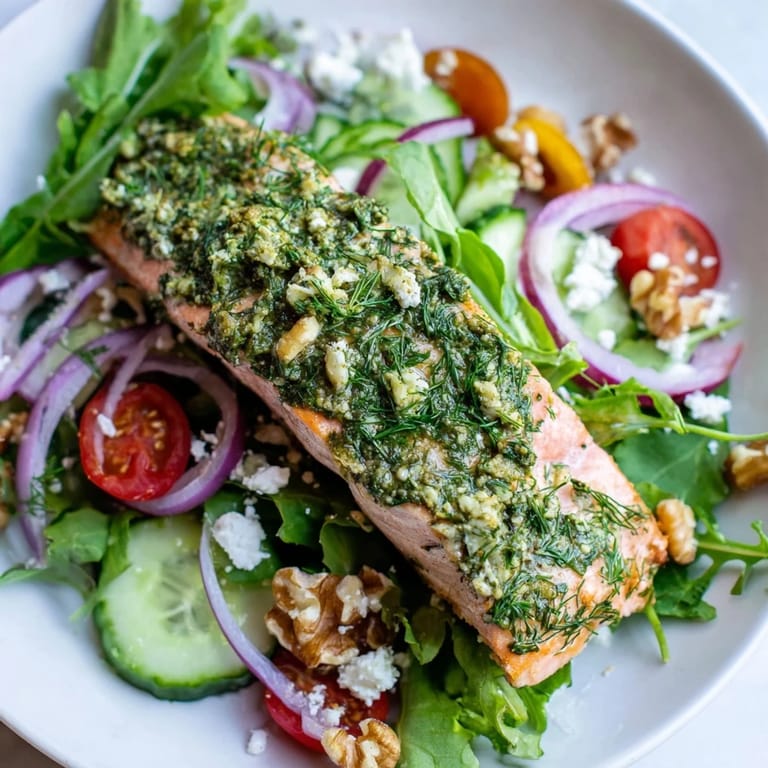 Close-up of a delicious herb-crusted salmon salad, perfect light and flavorful dinner on plate.