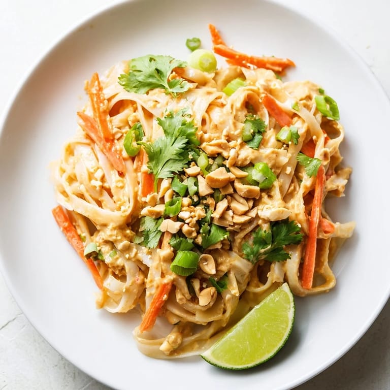 Close-up of Spicy Peanut Noodles with garnishes, perfect blend of savory and spicy flavors.