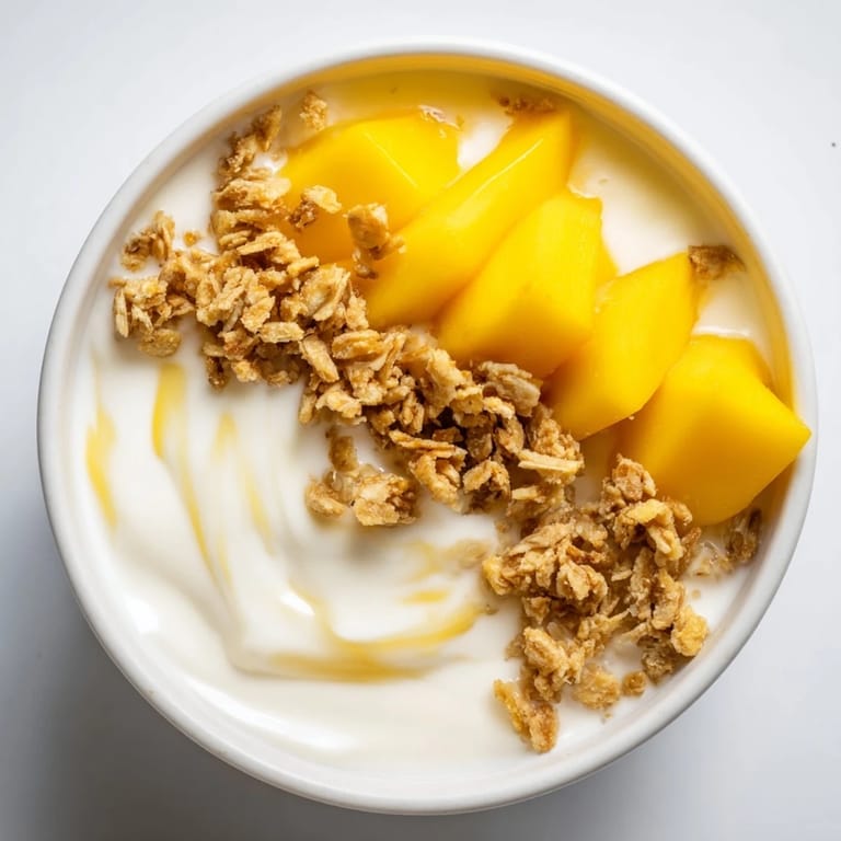 Tropical breakfast of mango blended overnight oats: a smooth, blended treat with refreshing, sweet mango.