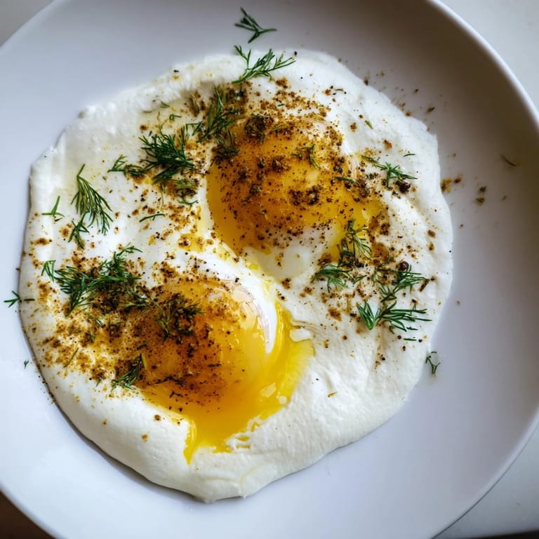 A close-up of delicious Cilbir: poached eggs swimming in spiced brown butter atop garlic yogurt.