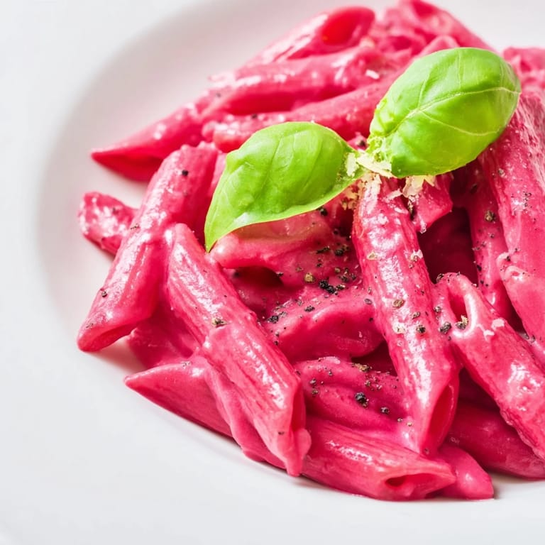 Vibrant beet cream sauce clings to penne pasta in this bright, colorful main dish for four.