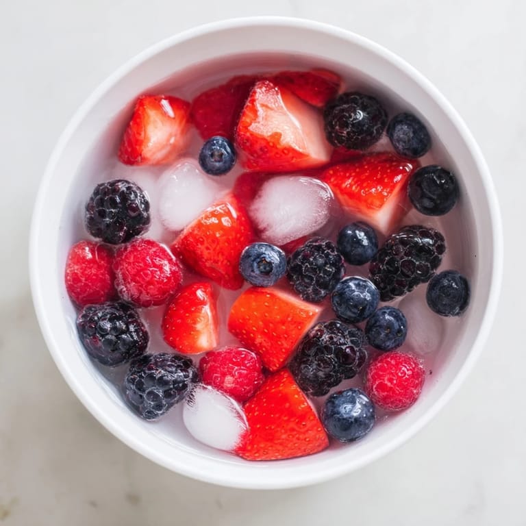 Overhead view of Nature's Cereal Bowl with a medley of antioxidant-rich berries and glistening ice cubes in coconut water.  