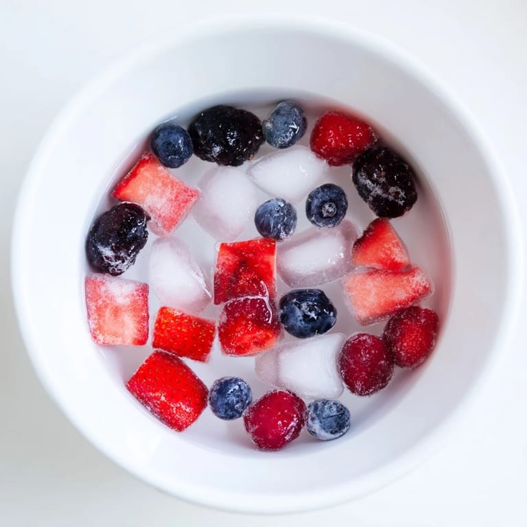 Spoon lifting vibrant berries from Nature's Cereal Bowl, a refreshing vegan breakfast served with coconut water and ice.