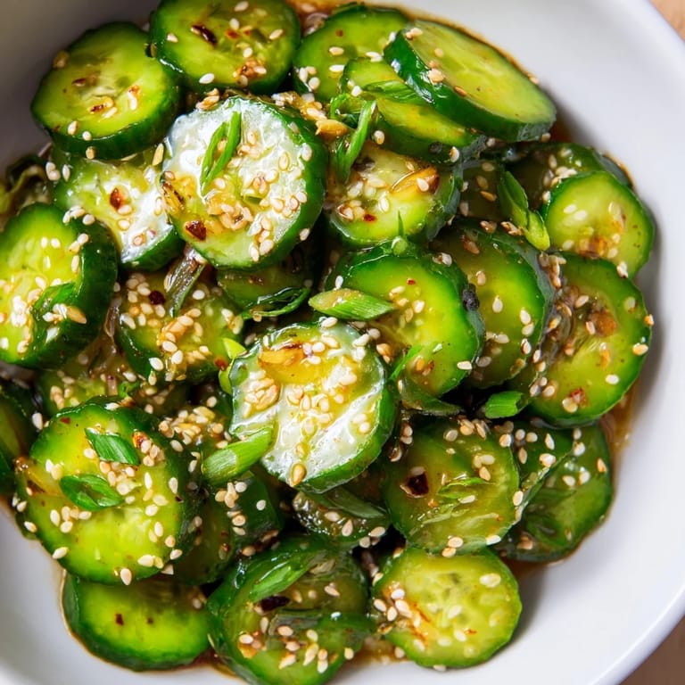 A close-up of vibrant green Shake Shake Garlic Cucumbers in a bowl, garnished with sliced green onions for a pop of color.