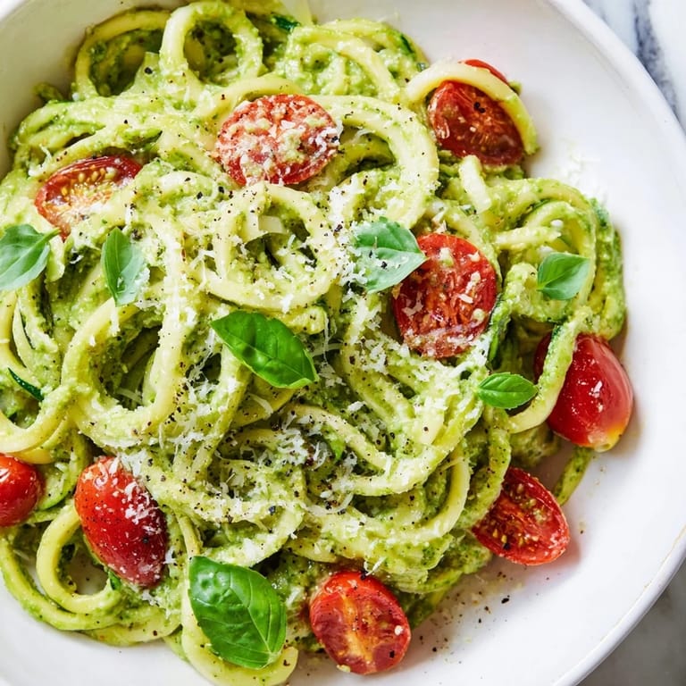 A close-up of creamy avocado pesto zoodles with juicy cherry tomatoes and fresh basil garnish on a rustic wooden table.  
