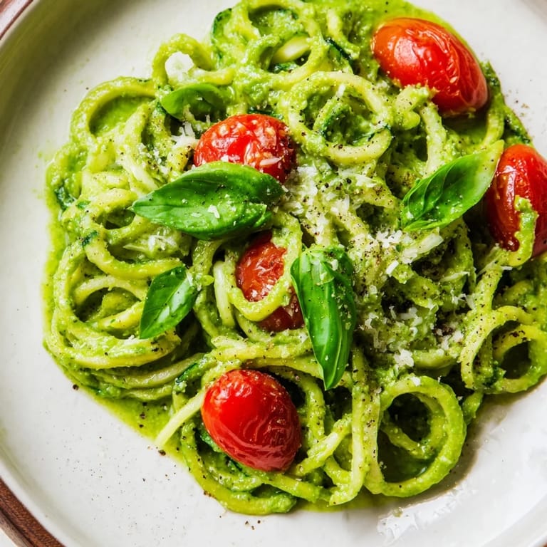 Healthy avocado pesto zoodles served in a white bowl, topped with halved cherry tomatoes and fresh basil for a light Italian-inspired meal.