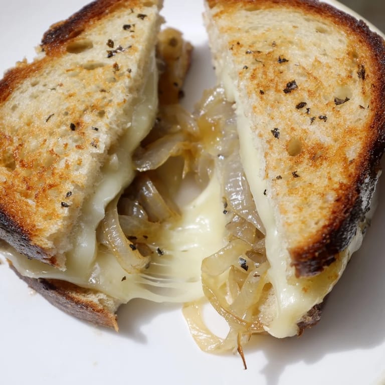 Close-up of a warm Caramelized Onion Grilled Cheese showcasing crispy bread, gooey cheese, and rich golden onions.