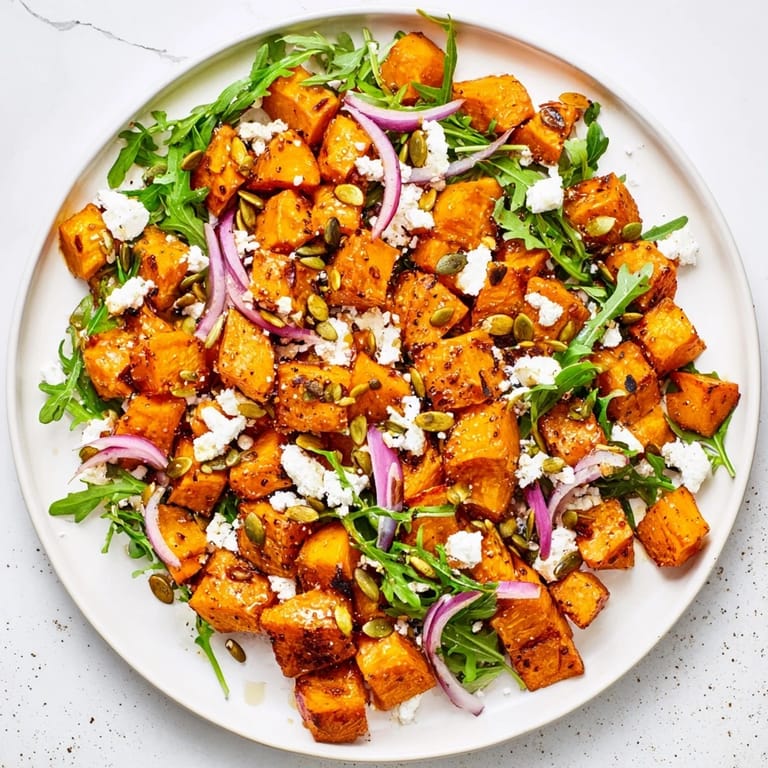Colorful Roasted Sweet Potato Salad with creamy feta, toasted pumpkin seeds, and vibrant greens, served as a perfect vegetarian side dish.