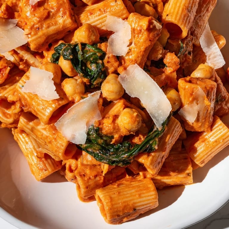 Close-up of Creamy Tuscan Chickpea Pasta with tender penne, creamy tomato sauce, and vibrant green spinach leaves, ready to serve.