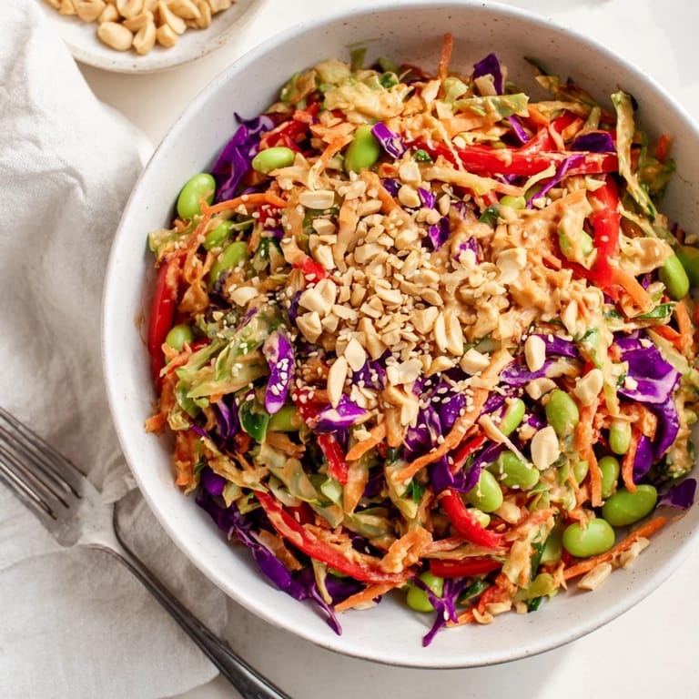Colorful bowl of Crunchy Thai Peanut Salad with red bell pepper and scallions, served with lime wedges for zest.