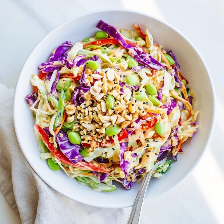 A close-up view of Crunchy Thai Peanut Salad topped with chopped peanuts and fresh cilantro, perfect for a light lunch.  