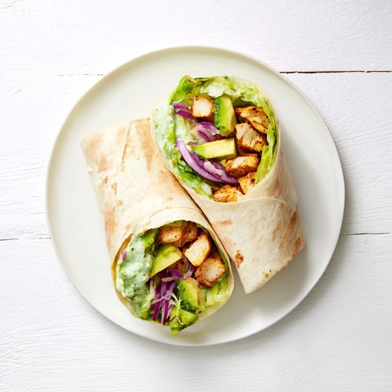 Assembled Smoky Chipotle Chicken Wrap cut in half, revealing juicy grilled chicken and vibrant fresh vegetables inside the soft tortilla.