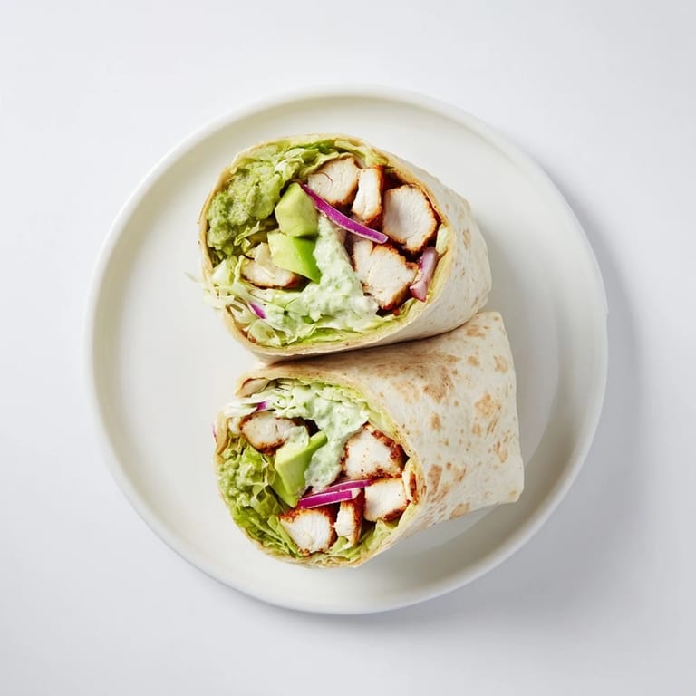 Close-up of a Smoky Chipotle Chicken Wrap drizzled with Greek yogurt sauce, featuring smoky chipotle marinade on tender chicken.