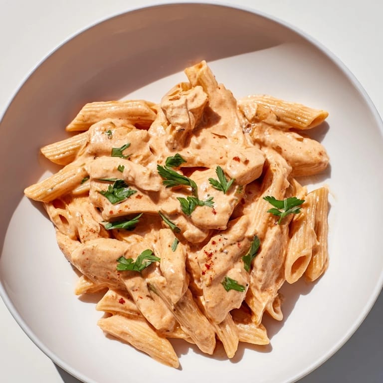 Overhead view of honey chipotle chicken pasta, penne coated in a glossy sauce and topped with extra Parmesan and lime wedge.