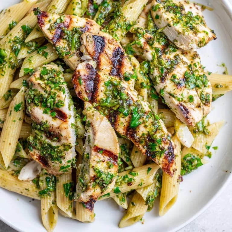 Close-up of Chimichurri Chicken Pasta with glossy olive oil, garlic, and parsley sauce coating pasta and juicy grilled chicken pieces on a fork.