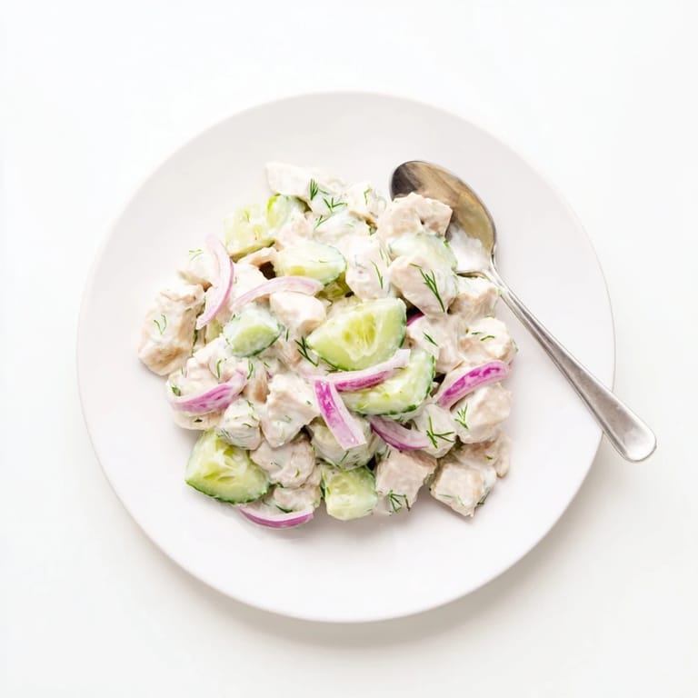 Creamy Cucumber Chicken Salad in a glass serving bowl topped with chopped green onions, a side of crackers, and a linen napkin, perfect for a refreshing high-protein lunch.