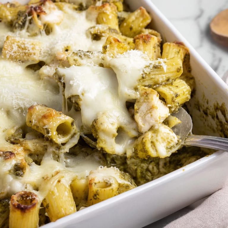 Family-style Pesto Chicken Pasta Bake served hot from the oven for dinner.