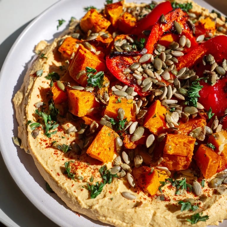 A vibrant plate of Roast Squash and Hummus Winter Salad features caramelized peppers, fluffy hummus, and a sprinkle of fresh parsley, ready to serve.  