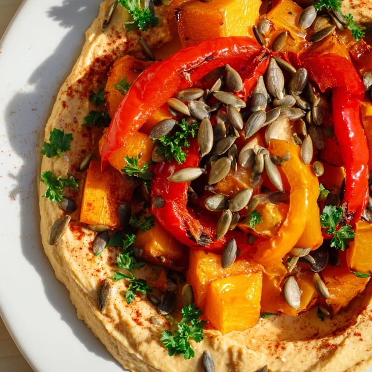 Hearty roasted vegetables and smoky paprika sit atop a smooth hummus base in this warm, nourishing Roast Squash and Hummus Winter Salad.